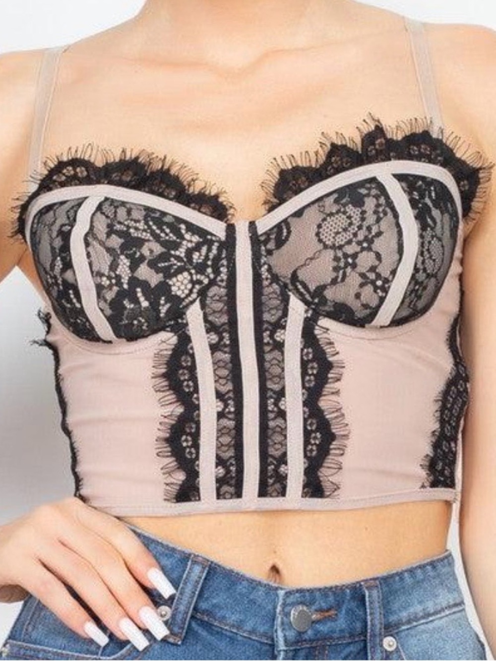 Haute Monde Blush and Black Lace Bustier Crop Top